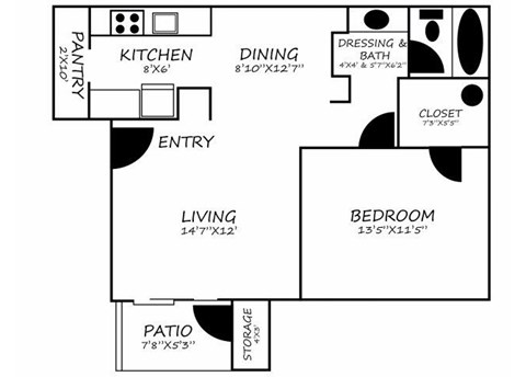 Saguaro Villas 1 bedroom 1 bathroom apartments for rent floor plan Tucson, AZ